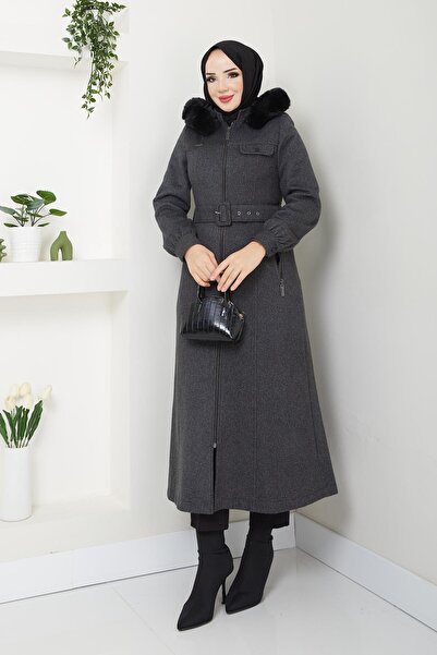 Doque Kışlık Kadın Kaşe Kaban Fermuarlı Spor Model Kapüşonlu Araboy 57026