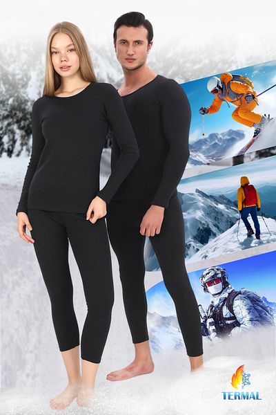 SAUNA SUIT Set de lenjerie de corp termică de iarnă unisex, de sus și de jos, set termic de culoare antracit din bumbac