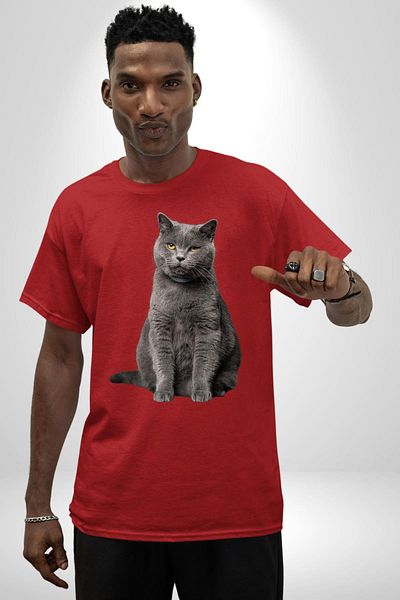 Angemiel British Shorthair Cat Cotton Crew Neck Women Men Oversize Boyfriend Digital Printed Red