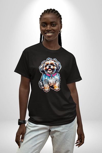 Angemiel Shih Tzu Colorful Dog Cotton Crew Neck Women Men Oversize Boyfriend Digital Printed Black T-s
