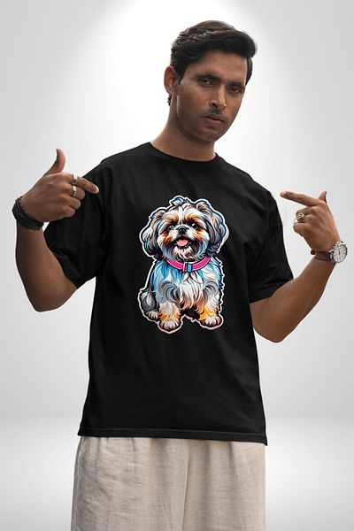 Angemiel Shih Tzu Colorful Dog Cotton Crew Neck Women Men Oversize Boyfriend Digital Printed Black T-s