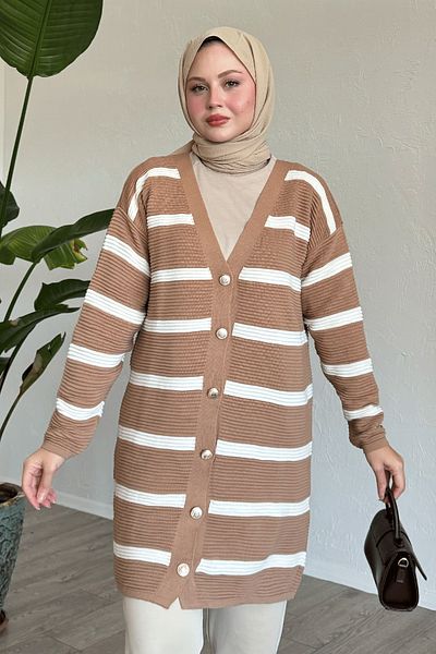 InStyle Stripe Pattern Camel Knitwear Cardigan