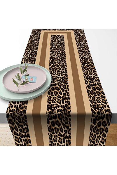 Razz Moda EKRU RENK LEOPAR DESENLİ RUNNER DİJİTAL BASKILI PETEK KUMAŞ 40X170