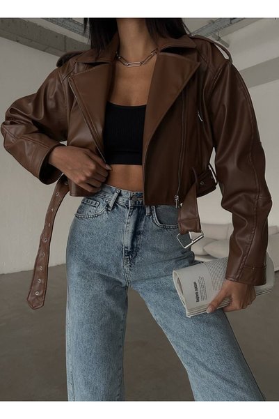 VOOLSTYLE Leather jacket with belt detail - coffee