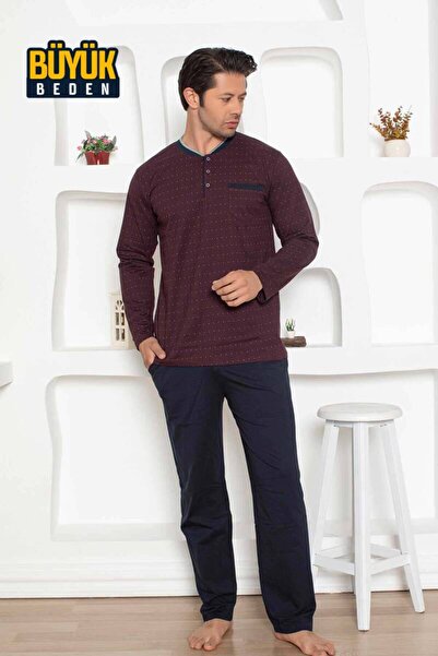 ALİMER Plus Size Men's Pajamas Set - Burgundy Color Long Sleeve Combed Cotton 1204Uyb