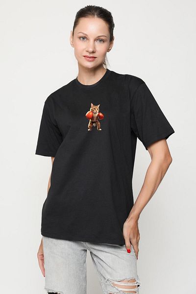 Angemiel Black Oversize Boxing Cat T-Shirt - Minimal Printed, Women and Men