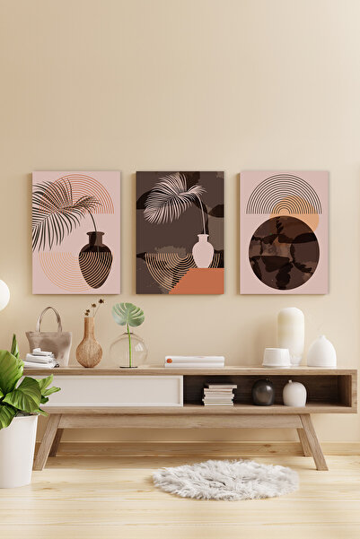 3 Parça Doğal Tonlarda Modern MDF UV Baskı Duvar Tablo Seti