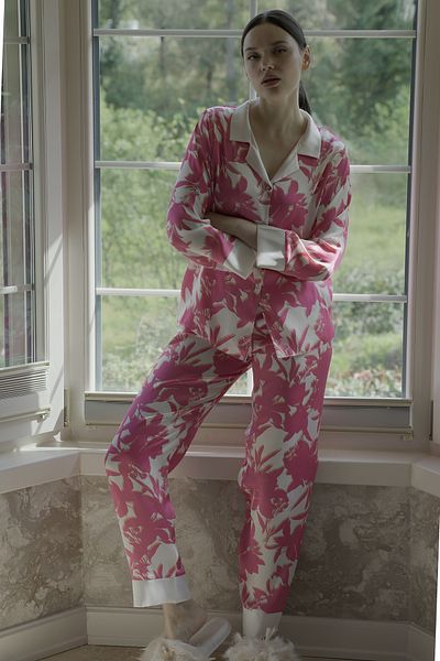 Mita Concept Pink Flower Patterned Satin Women's Pjamas Set