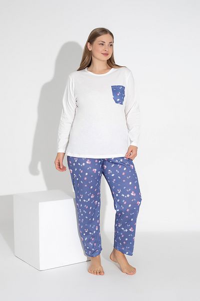 ModaLeaf Set pijama albastru cu maneci lungi cu modele florale 102