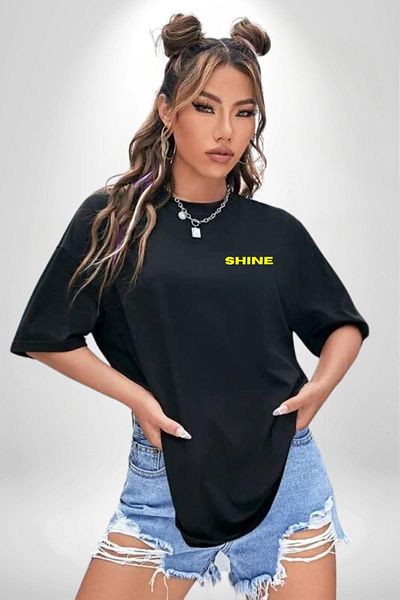Angemiel Black Oversize Women's/Men's T-Shirt - Shining Cat Printed, Front and Back Detail