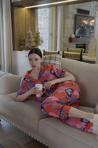 Mita Concept Heart Patterned Satin Women's Pjamas Suit