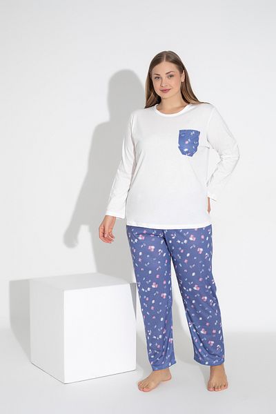 ModaLeaf Set pijama albastru cu maneci lungi cu modele florale 102