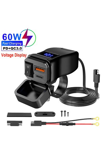 Choice PD Voltmeter PD+QC3.0 Motorcycle USB Fast Charger 60W Handlebar Dual USB Socket with Switch Voltmete