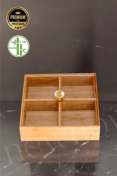 Kitchen Way 4 Compartment Square Bamboo Organizer - Covered Breakfast Dragee Kw-166 Fma 001666