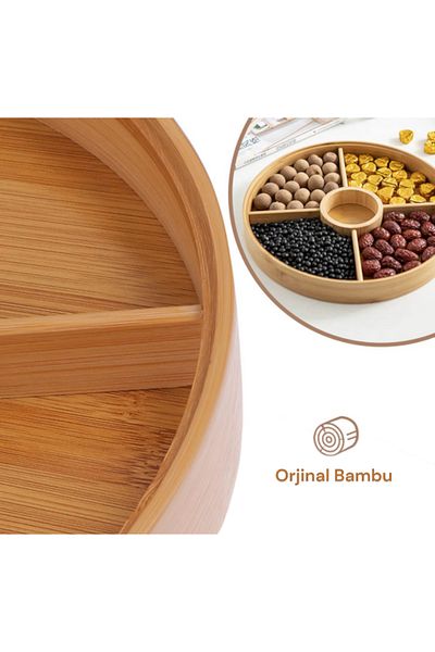 Kitchen Way Bamboo Breakfast Dragee Snack Bowl Organizer - 5 Compartments, Lid Kw-167 Fma 001673