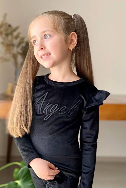 Riccotarz Girls Ruffle Detail Angel Lettering Embroidered Velvet Black Tights Suit on the Shoulder