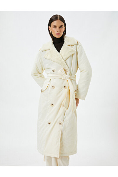 Koton Midi Zweireiher Mantel Plüsch Kragen Geknöpft Gürtel Tasche