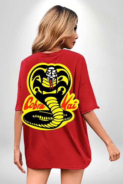 Angemiel Cobra Kai Karete Children's Snake Logo Series Red Oversize Women Men Front and Back Printed T-shirt