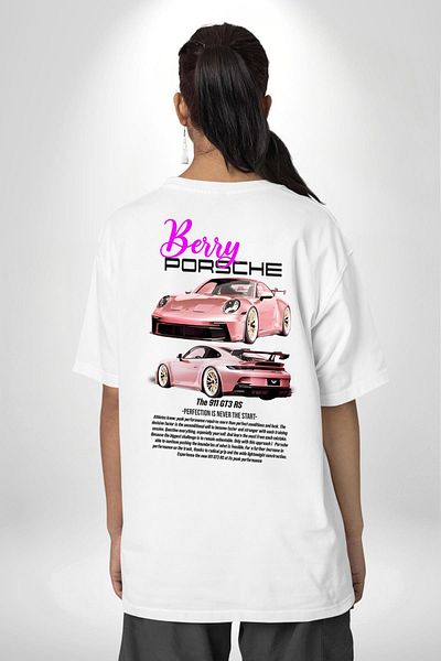 Angemiel Porsche Berry The 911 GT3 RS Pink Oversize T-Shirt - White, Men and Women