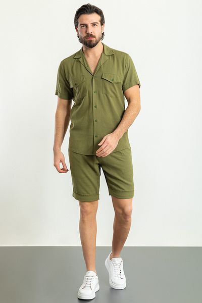 Mcr Straight Slim Fit Lapel Collar Linen Men's Shirt Shorts Set Khaki - 17146.23Y