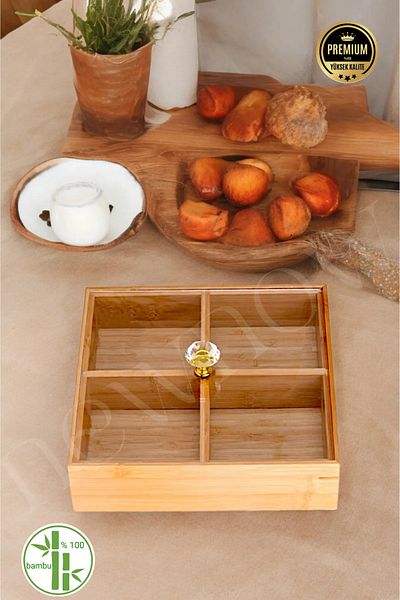 Kitchen Way 4 Compartment Square Bamboo Organizer - Covered Breakfast Dragee Kw-166 Fma 001666
