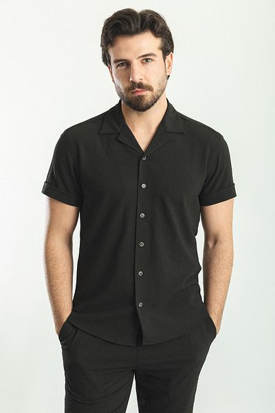 Mcr Ανδρικό πουκάμισο με σχέδιο Slim Fit Απασ Κοντό μανίκι Ελαστική μέση Σορτς Σετ Μαύρο - 17144.23y