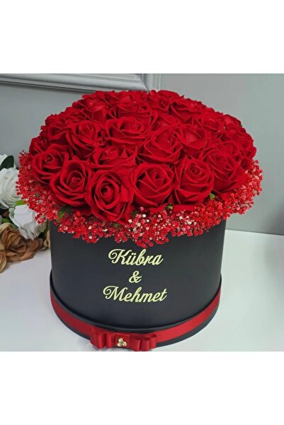 Mirabella Gift Silindir Kutu 41 Adet Kırmızı Gül Söz Nişan Çiçeği, Yapay Gül Buketi, Kız Isteme Çiçeği