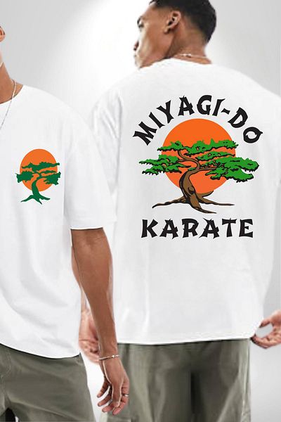 Angemiel تي شيرت Miyagi-Do Karete Kids Logo Bonzai Tree منقوش باللون الأبيض