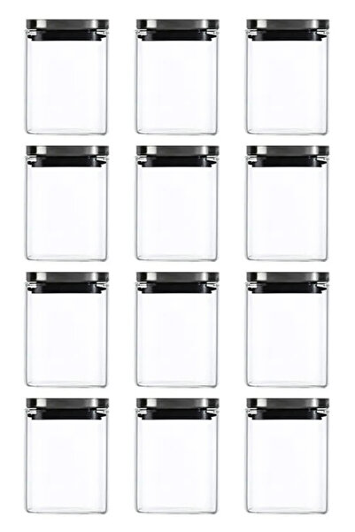 Kitchen Design Lab Vakum Krom Kapaklı Kare Cam Kavanoz 8x8*10 Cm - 500 Ml Cam Baharatlık Saklama Kabı 12  Adet