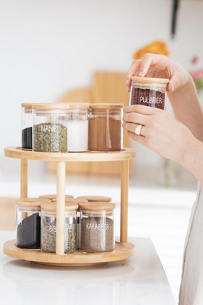 Dekorzdükkan Set of 12 Glass Jar Spice Jars with Rotating Stand Bamboo Vacuum Lids (25 Foil Cut Labels)