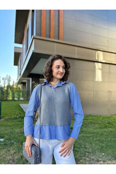 Butik Mavi Süveter Detaylı Garnili Gömlek