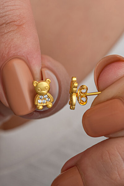 Nereze 925 Ayar Gümüş Gold Kaplama Minik Panda Küpe