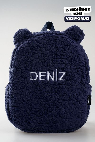 Minilee Navy Blue-Plush Embroidered Kindergarten and Nursery Backpack for Kids Ages 0-8