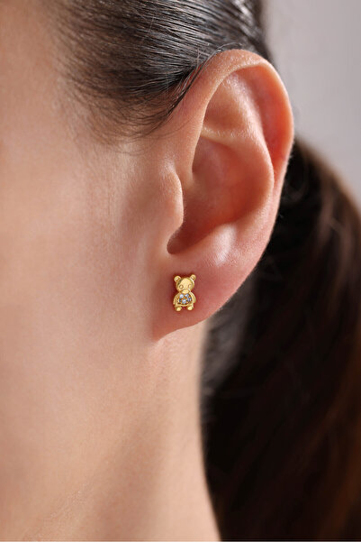 Nereze 925 Ayar Gümüş Gold Kaplama Minik Panda Küpe