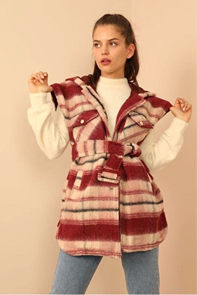 Genel Markalar Keçe Kumaş Kapüşonlu Rahat Kalıp Oduncu Kadın Yelek-Bordo