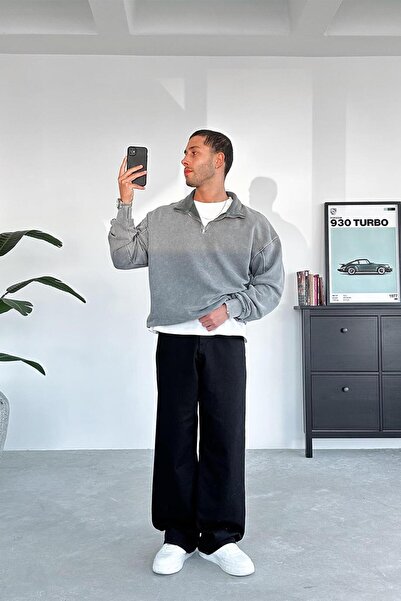 HAFKAGİYİM Γκρι φούτερ με μισό φερμουάρ Oversize