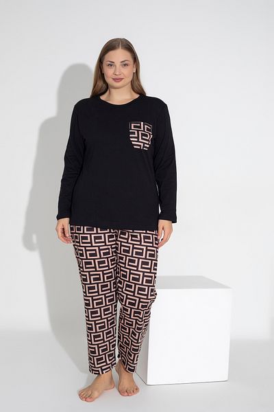 ModaLeaf Set pijama neagră cu mâneci lungi cu model labirint 107