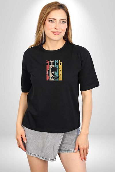 Angemiel Ataturk Signed Black Oversize T-Shirt - Turkish Logo, Minimal Printed, Men's and Women's