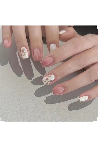 Alya Nail Studio Kadın Pembe Lale Küt Jel 3D Nail Art Baskılı Design Takma Tı...