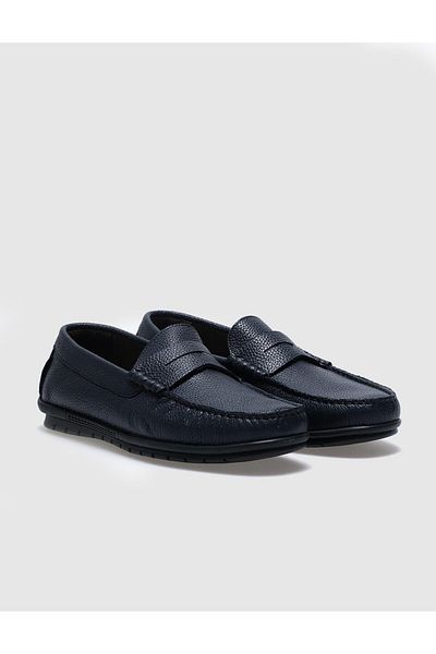 Cabani Genuine Leather Navy Blue Belted Men's Casual Shoes