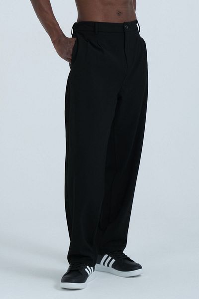 RELAXL Loose Long Leg Pleated Elastic Waist Black Oversize Loose Trousers for Men
