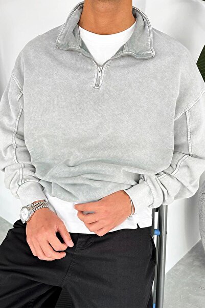 HAFKAGİYİM Ανοιχτό γκρι Acid Wash Φούτερ με μισό φερμουάρ Oversize