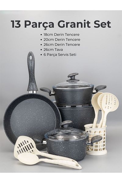 Bonera Marbella 13 Piece Set - Gray Granite Pot and Spoon 26cm, 20cm and 18cm