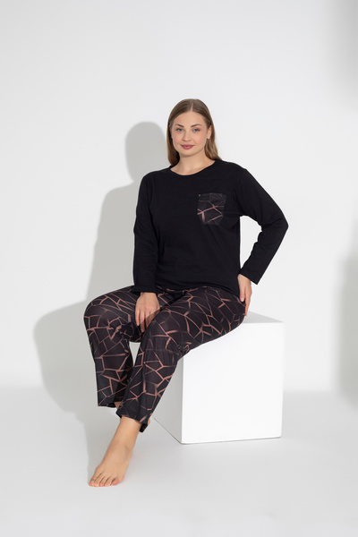 ModaLeaf Black Color Long Sleeve Geometric Print Pajamas Set 109