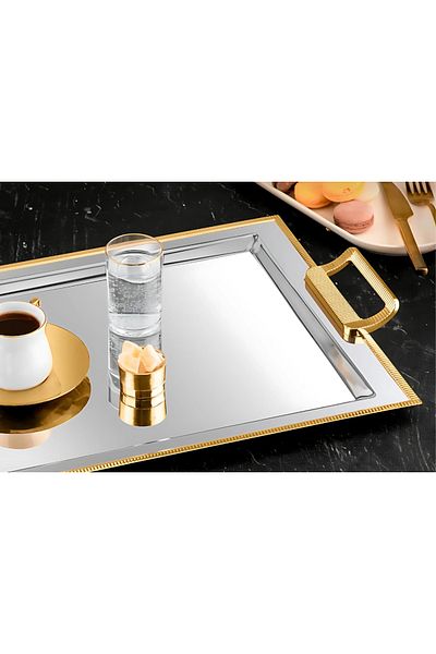 ÖzSa Home Tiamo Mios Gold Premium - 18/10 Stainless Steel with Handles Promise Engagement Serving and Tea Tray