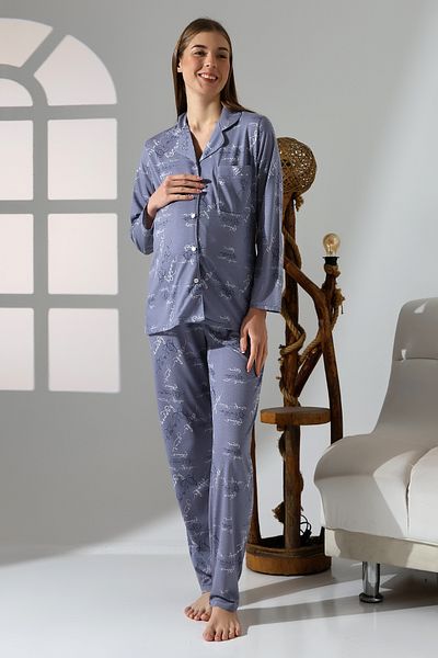 LİKAPA Likapa Combed Cotton Front Buttoned Maternity Long Sleeve Pajama Set