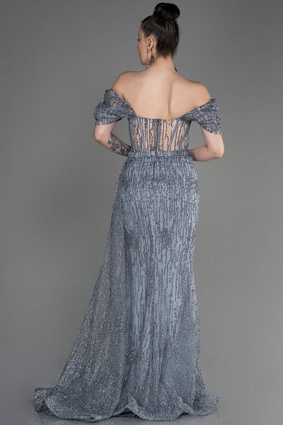 Abiyefon Silver Boat Neck Slit Long Glitter Evening Dress Abu2706