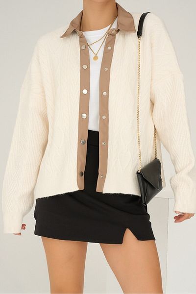 My Blog Κρεμ-μπεζ Ζακέτα Polo Collar Snap-th 241063