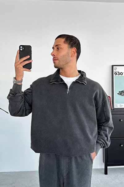 HAFKAGİYİM Φούτερ με μισό φερμουάρ σε σκούρο γκρι χρώμα Acid Wash