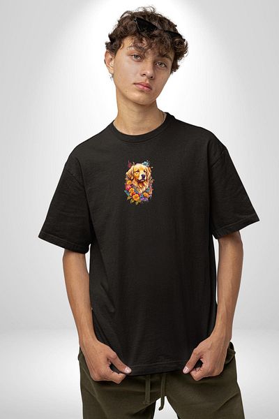 Angemiel Black Oversize Flower Patterned Baby Face T-Shirt - Minimal Printed, Men's and Women's